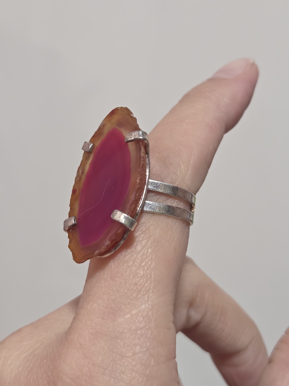 Silver Band Pink Agate Slice Statement Ring